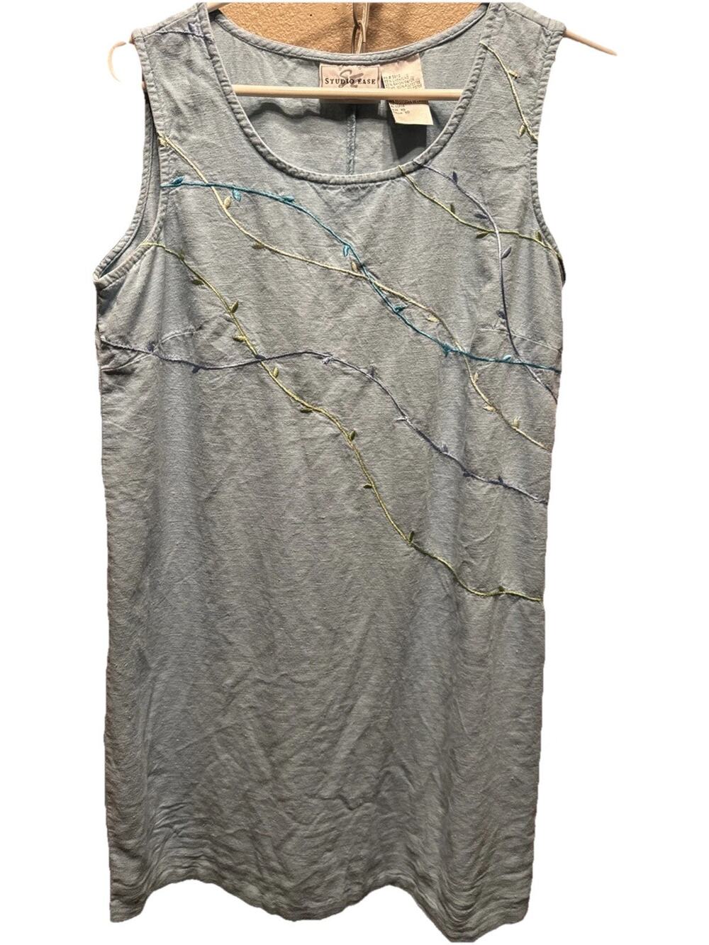 Vintage 90s Studio Ease Blue With Vines 55% Linen/45% Rayon Mini Dress Size 10